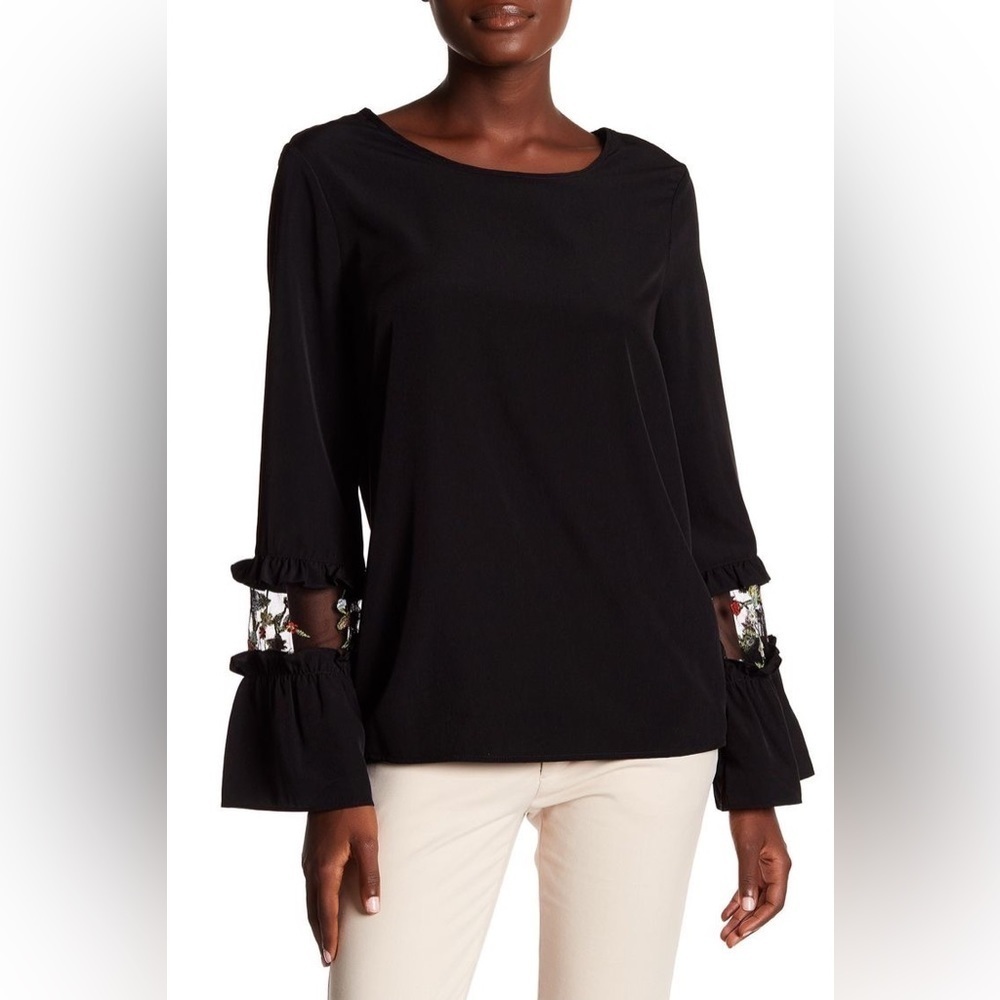 Pleione Anthropologie Black Ruffle Floral Embroidered Bell Sleeve Blouse Mesh S
